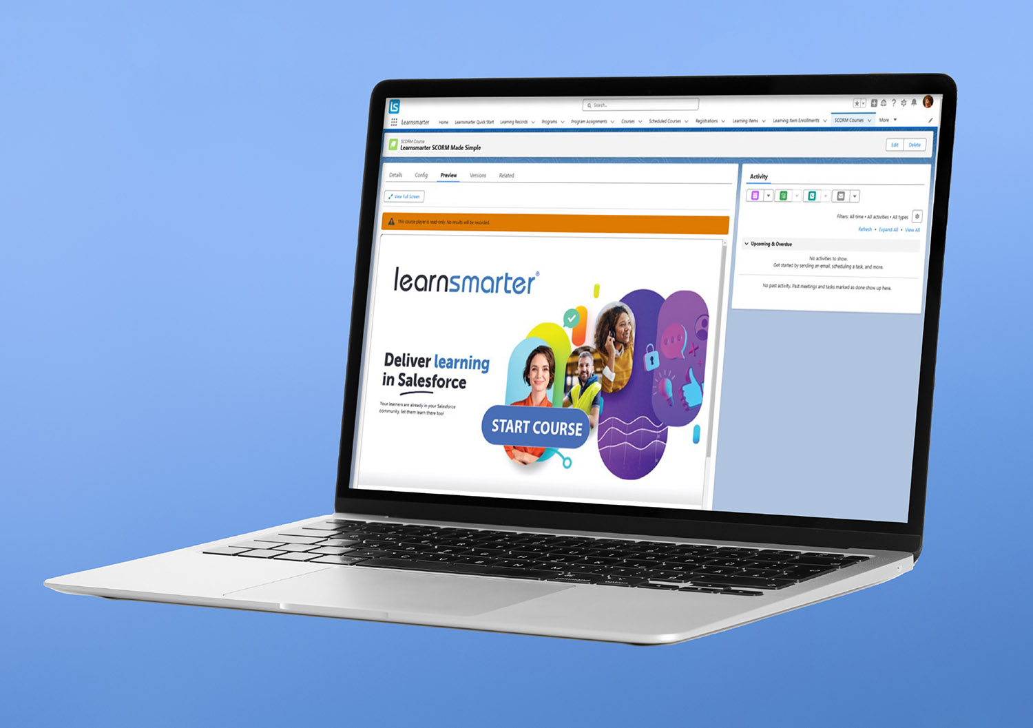 A laptop showing how the LearnSmarter LMS helps maximise a CRM by delivering training inside Salesforce.