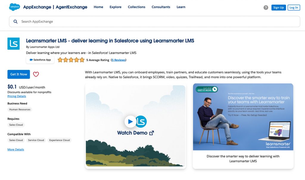 The LearnSmarter LMS on the Salesforce AppExchange, a tool to maximise your CRM for customer and employee training.